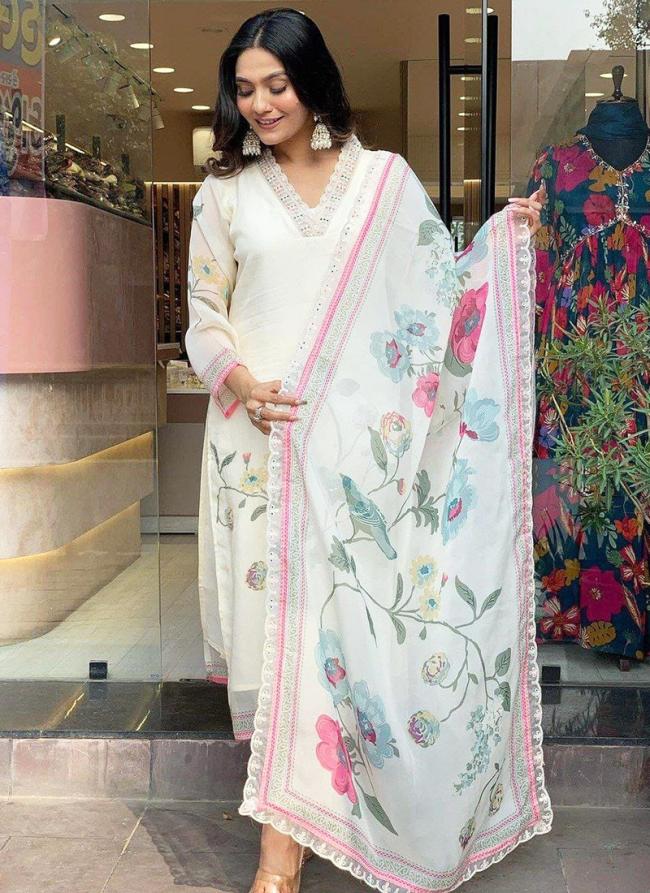 Organza White Traditional Wear Embroidery Work Readymade Straight Suit